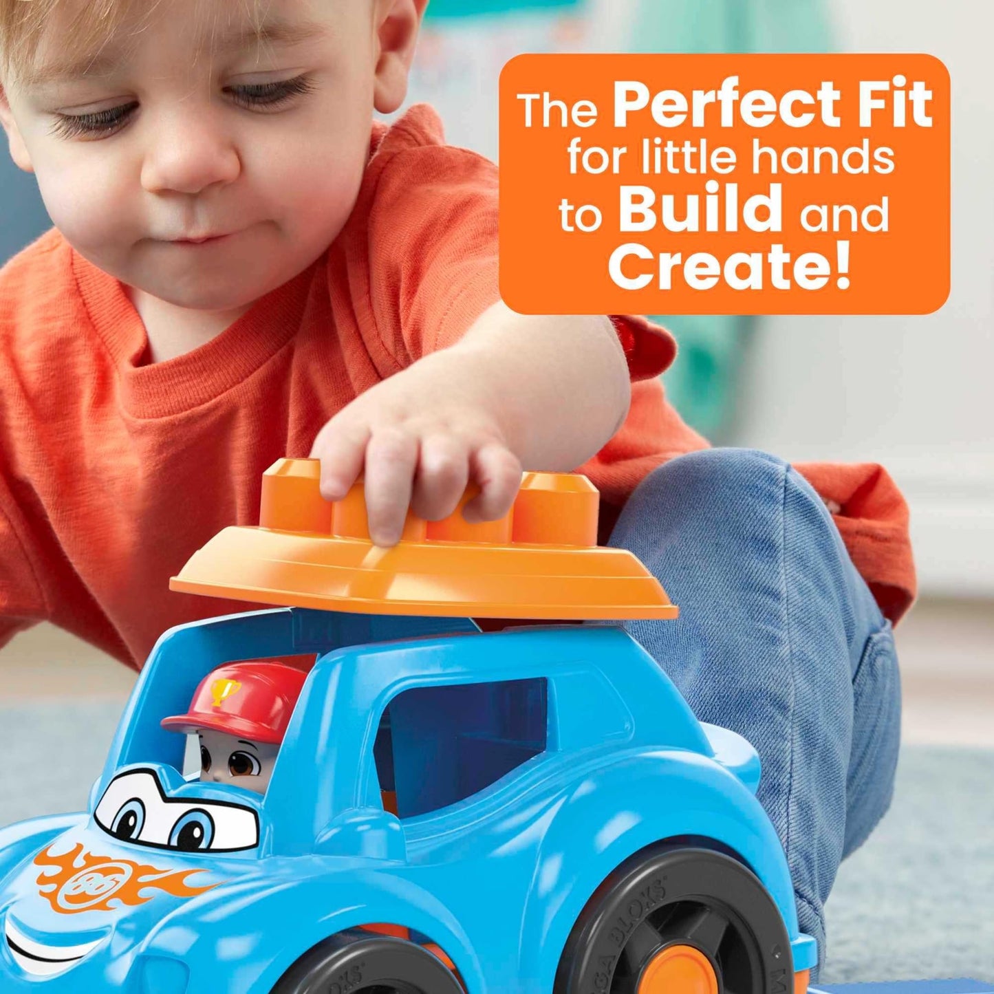 Mega BLOKS First Builders Toddler Building Blocks Toy Set, Ricky Race Car with 6 Pieces and Storage, 1 Figure, Blue, Ages 1+ Yea