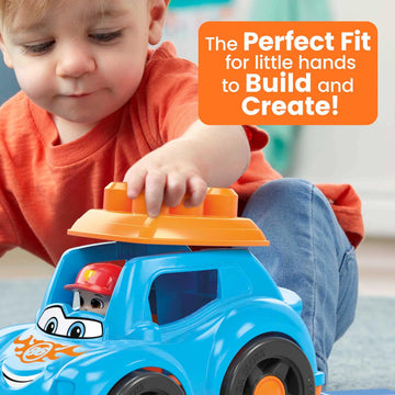 Mega BLOKS First Builders Toddler Building Blocks Toy Set, Ricky Race Car with 6 Pieces and Storage, 1 Figure, Blue, Ages 1+ Yea
