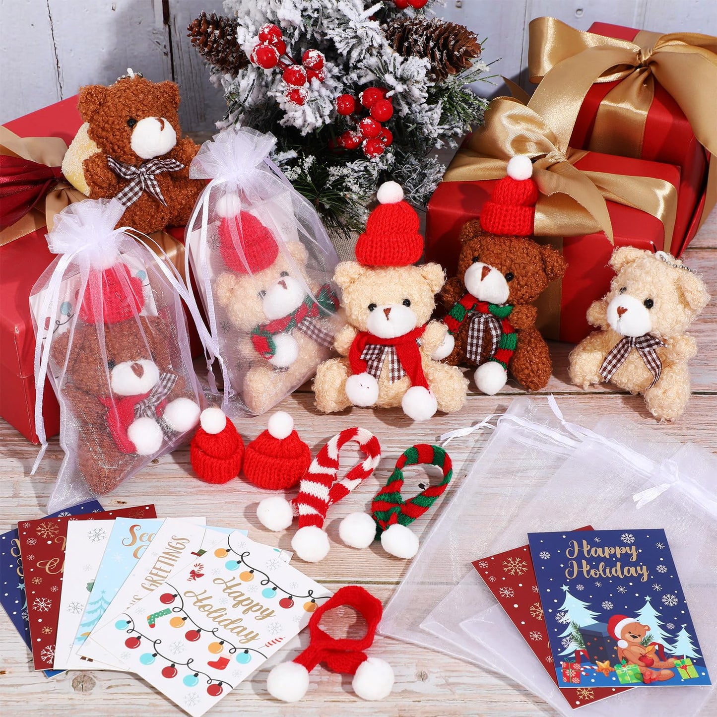 Poen 24 Set Christmas Gift 4 Inch Mini Christmas Stuffed Plush Bear With Santa Hat Scarf Christmas Cards Organza Bags Xmas Stuff