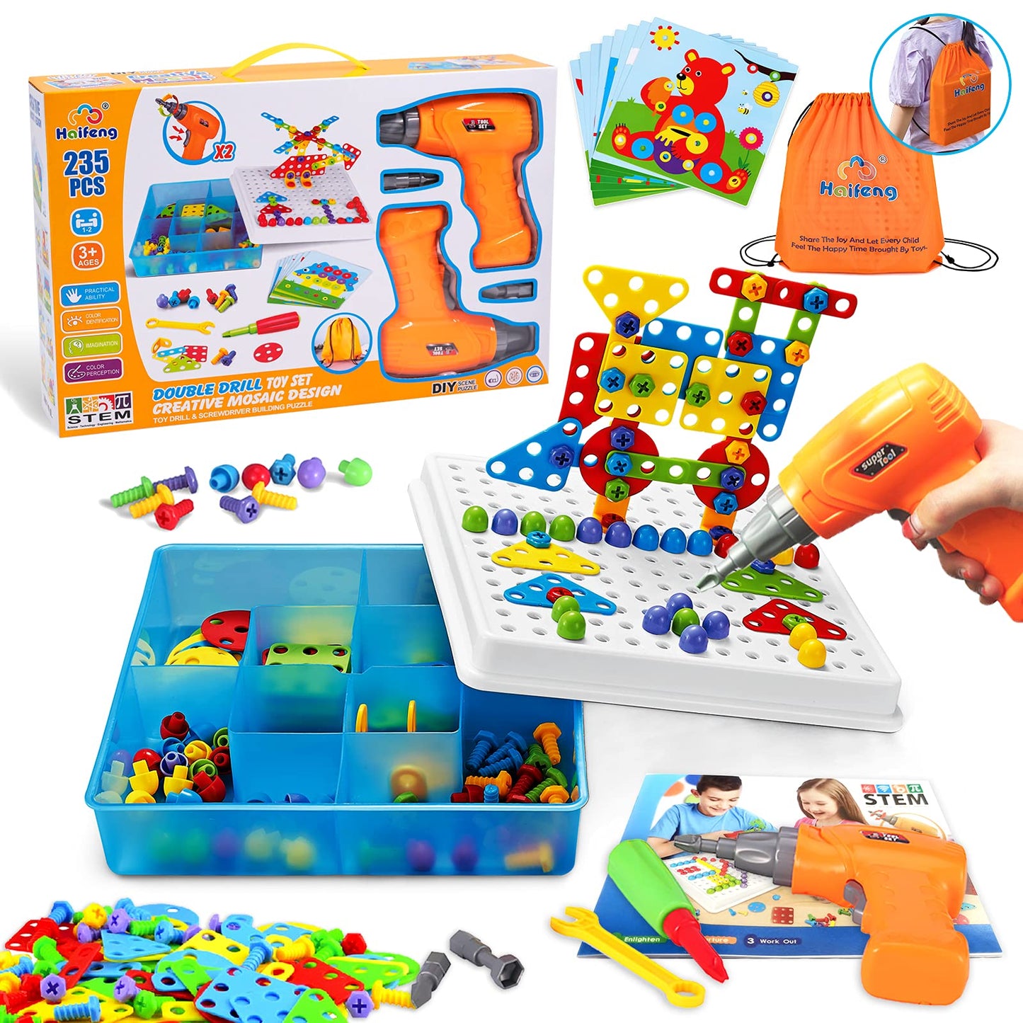 Haifeng Drill Set Building Blocks, STEM Toys for 3 4 5 6 Year Old, 235 Pieces Double Toy Drill and Screwdriver Tool Building Toy