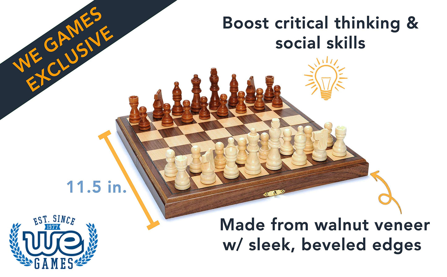 We Games Wooden Chess Set, Foldable Chess Board With Wooden Staunton Chess Pieces, Educational Game For Kids Portable Chess Set With Storage Space, Hand Crafted Walnut Veneer Wooden Board