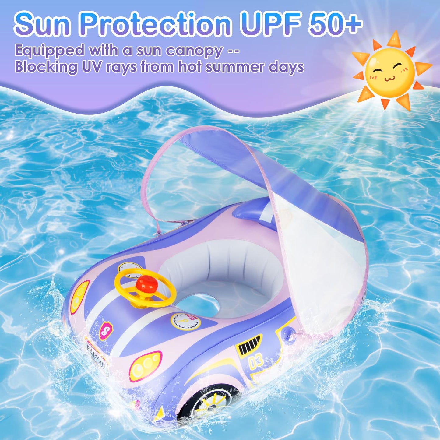 Baby Pool Float with Canopy: Baby Floats for Infants Toddler 6-48 Months Qoosea Swimming Floaties with UPF50+ Sun Protection & Toy Play Steering Wheel & Patch Kit (Purple)