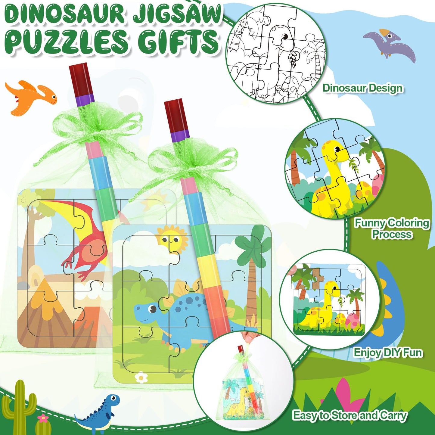 Fullhawl 12 Sets Dinosaur Puzzles for Dinosaur Theme Color Your Own Puzzles DIY Dino Jigsaw Crafts with 12 Stackable Crayons and 12 Bags for Tropical Jungle Gifts Birthday Party Supplies Favors