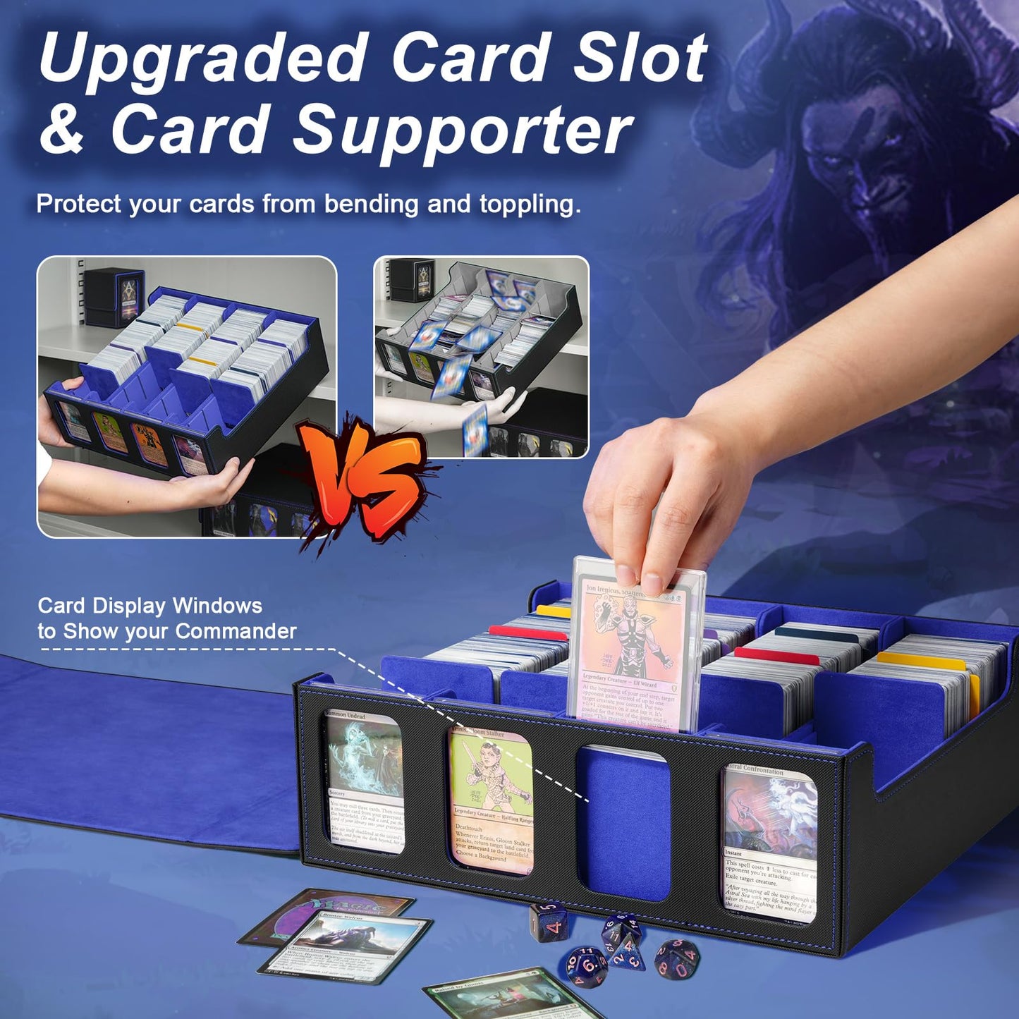 TiMOVO MTG Deck Box  Magnetic Trading Card Storage Case Holds 3000+ Sleeveless Cards with 20 Colorful Dividers & 4Pcs Card Supporters  4 Rows Commander Card Deck Box for Magic Game Cards  Black + Blue