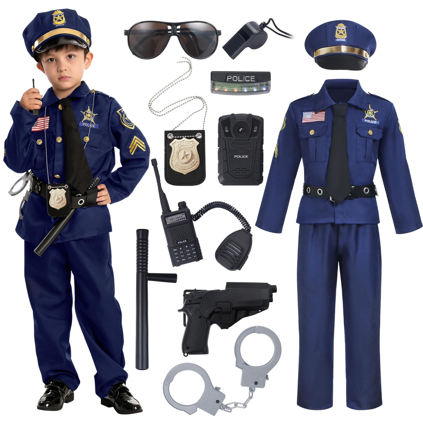 Spooktacular Creations Halloween Police Costume For Kids, Dark Blue Police Officer Costume For Boys, Toddler Cosplay Roleplay Themed Party (3T (3-4 Yrs))