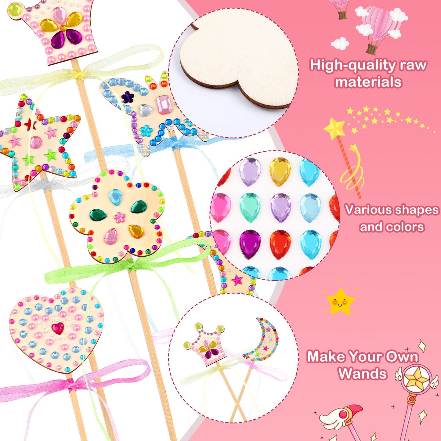 Chinco Princess Fairy Wands Kit Include Wooden Fairy Wands, Gem Stickers, Ribbons Unfinished Wooden DIY Magical Crafts Moon Butt