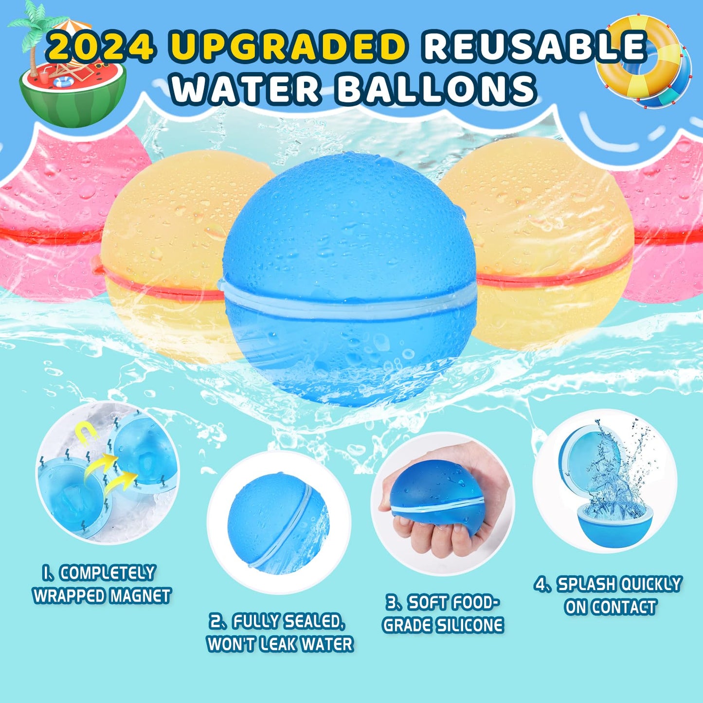 Reusable Water Balloons - 12 Pack Summer Toys For Boys & Girls, Pool & Beach Toys For Kids Ages 4-8 & 8-12, Quick Fill Water Bal