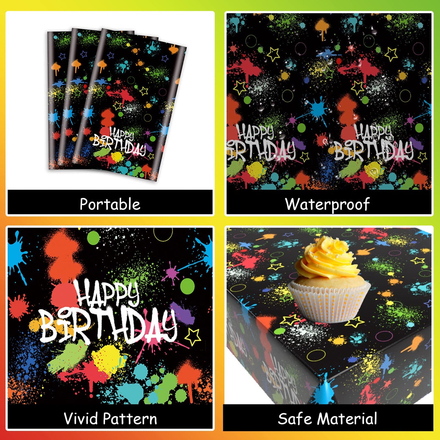 Domgoge Glow Tablecloth For Birthday Party Decoration Plastic Neon Table Cover Rectangle Paint Splatter Graffiti Black Table Clo