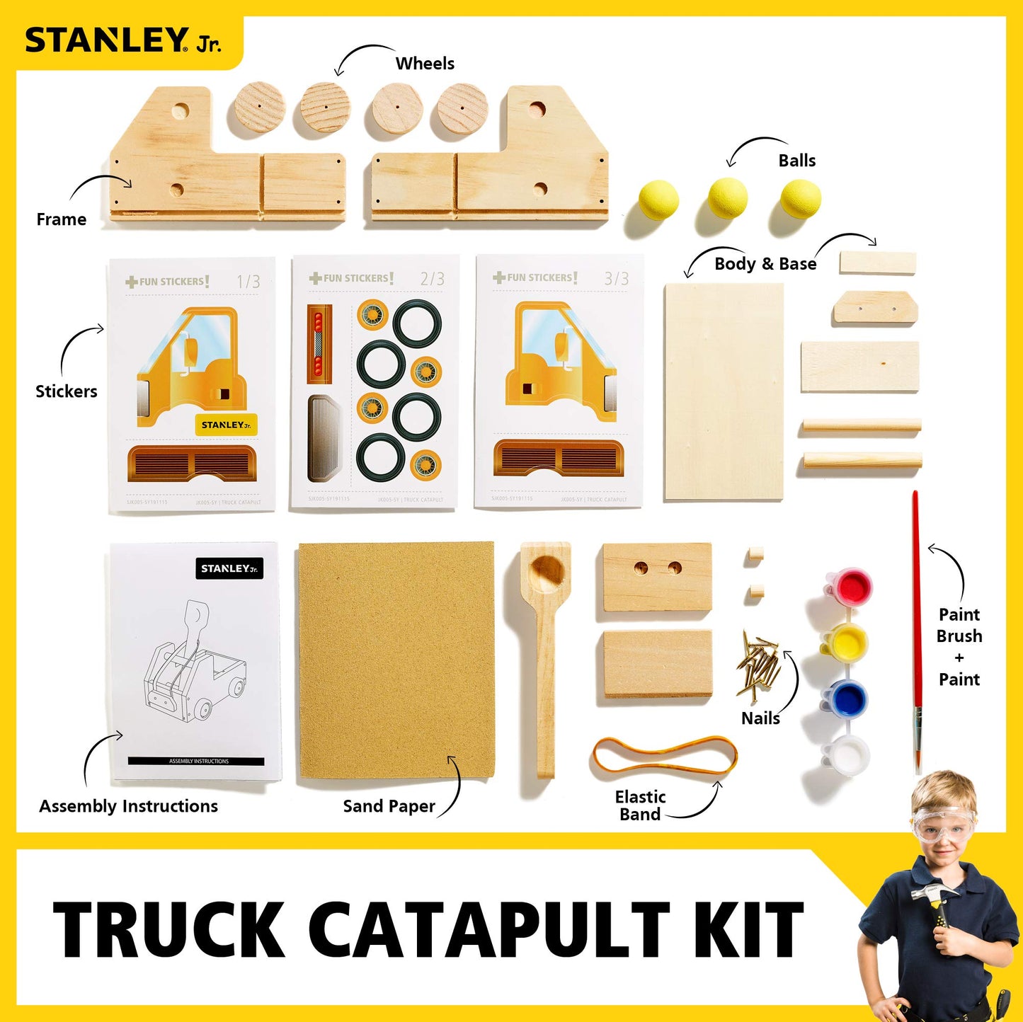 Stanley Jr. Red Toolbox Diy Truck Catapult Building Kit For Kids Jk005-Sy: Children’S Yellow Wood Construction Toy Beginning Woodworking Set With Paints Ages 5-12