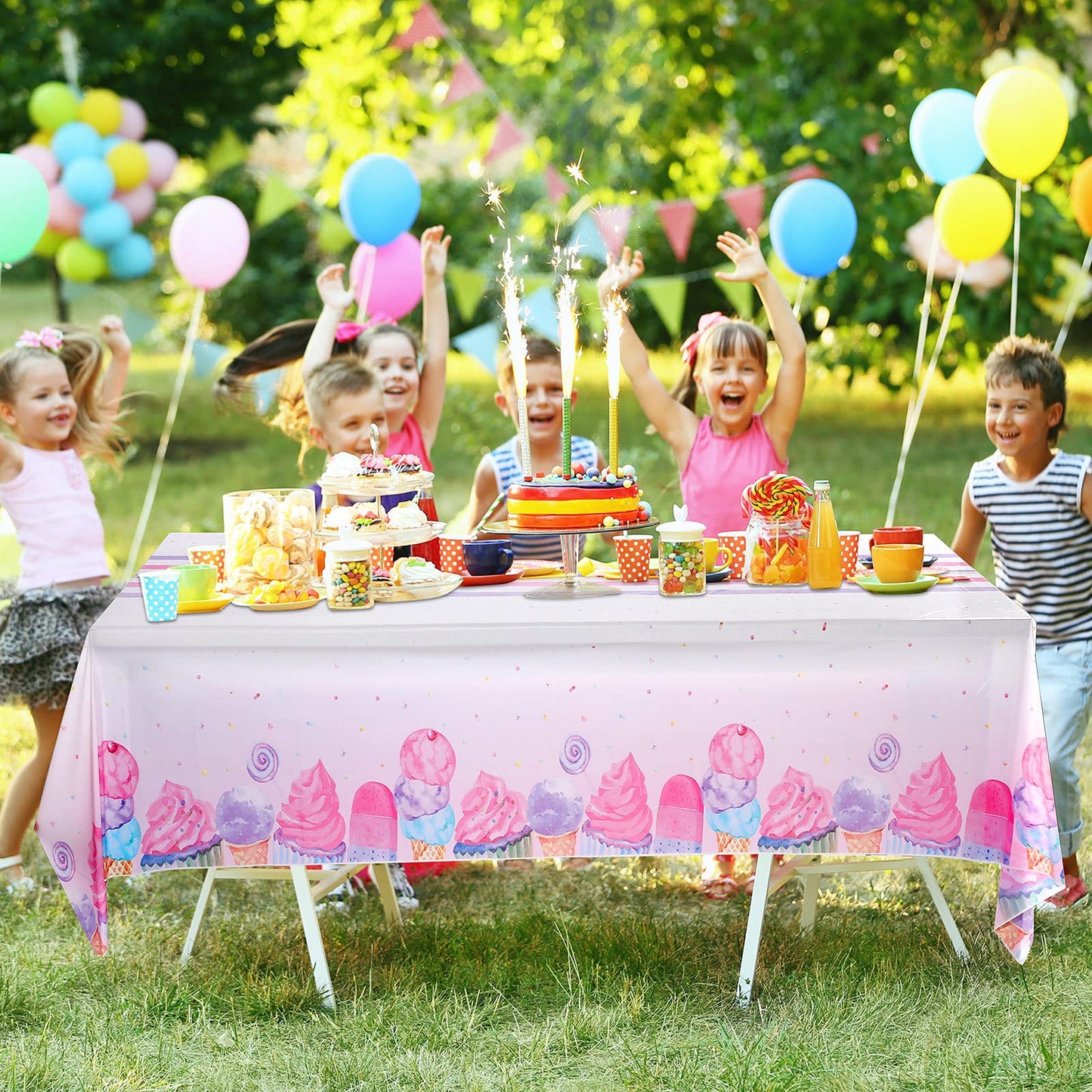 3 Pieces Ice Cream Party Tablecloth Ice Cream Table Cover Disposable Plastic Tablecloth Summer Table Covers for Baby Girls Showe