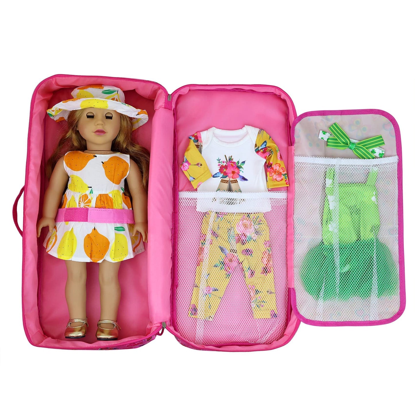 ZITA ELEMENT 18 Inch Doll Travel Carrier Case - Pink Nylon Crossbody Bag with Multi-Pockets and Storage Closet for Doll Accessories