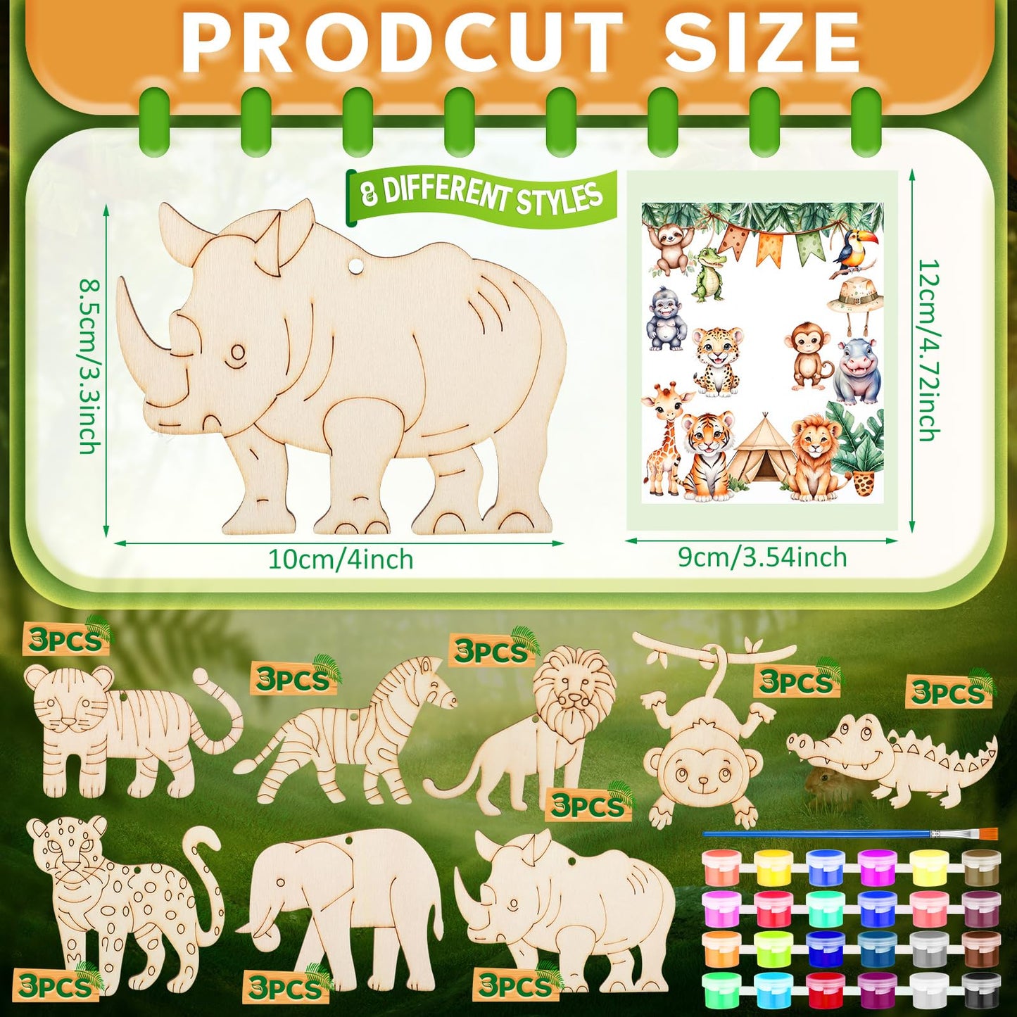 Colingmill 24 Set Safari Party Favors Jungle Craft Kits Supplies DIY Safari Jungle Wooden Painting Kit Wooden Coloring Crafts Wi