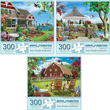 Bits And Pieces - Value Set Of Three (3) 300 Piece Jigsaw Puzzles For Adults - Measures 18' X 24' - 300 Pc Vibrant Blooming Branch House Countryside Comfort Flowers Summer Jigsaws By Artist Alan Giana