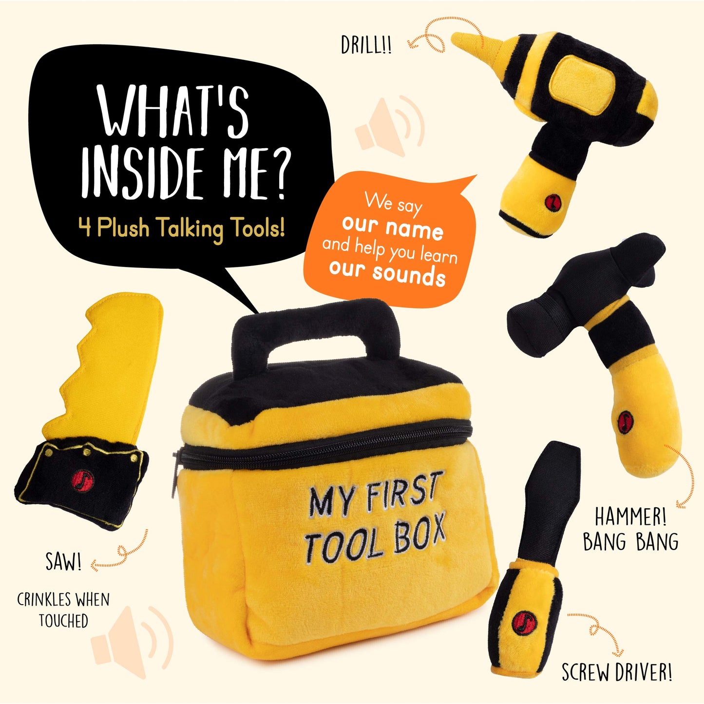 Talking Plush Set for Toddlers | Includes Cuddly Hammer, Handsaw, Screwdriver, Hand Drill, & Zippered Tool Box with Cool Sounds