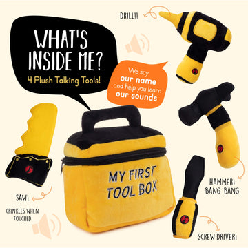 Talking Plush Set for Toddlers | Includes Cuddly Hammer, Handsaw, Screwdriver, Hand Drill, & Zippered Tool Box with Cool Sounds