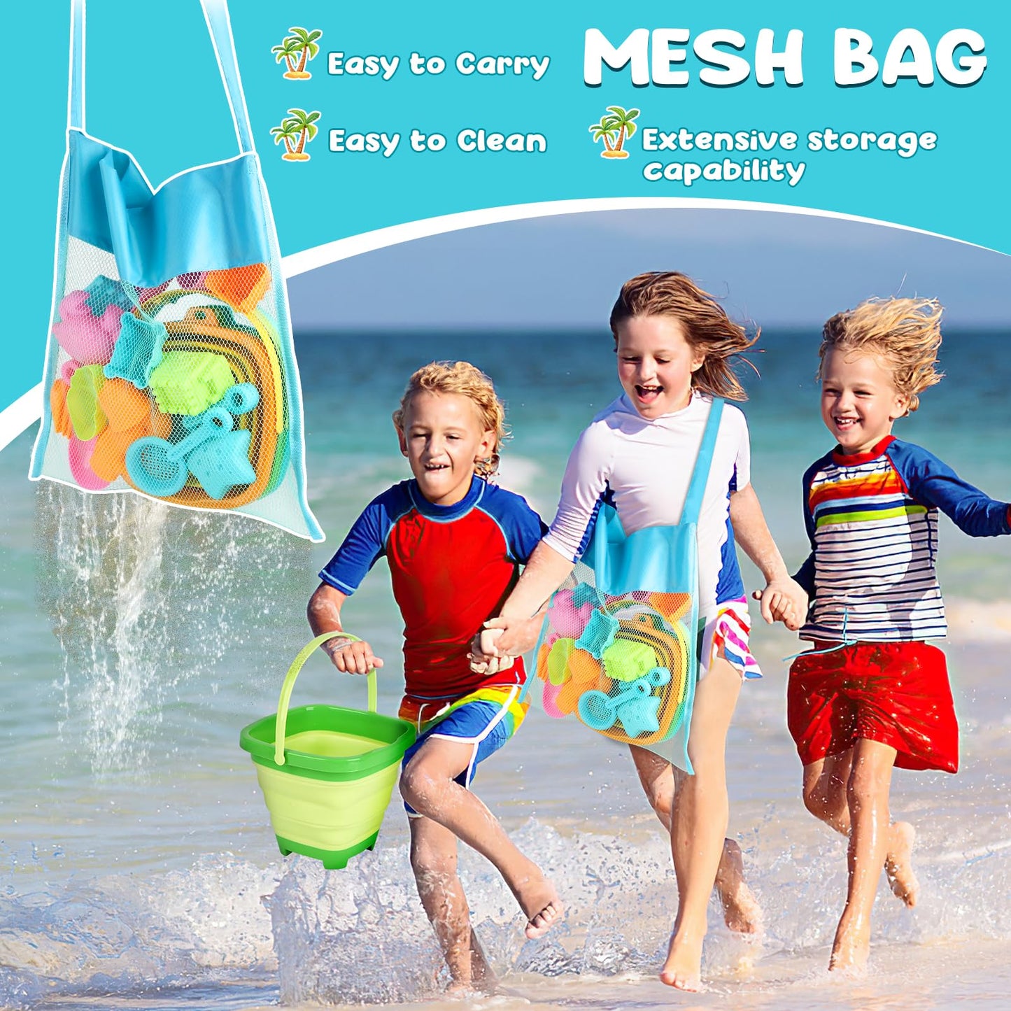 Dreamon Beach Toys For Kids 3-10, Collapsible Sand Toys Include 3 Pack Foldable Buckets, 24 Pcs Beach Mold And Shovels Molds, Tr