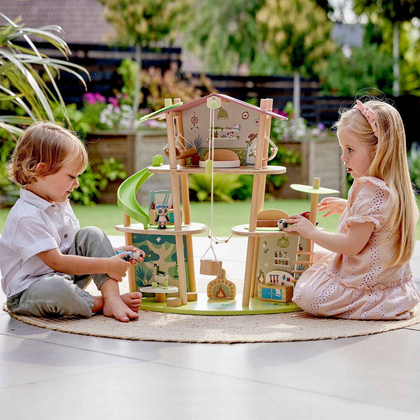 Hape Pandas Bamboo House, Green Planet Explorers | Educational Toy Doll House with Furniture, for Children Ages 3+ Years