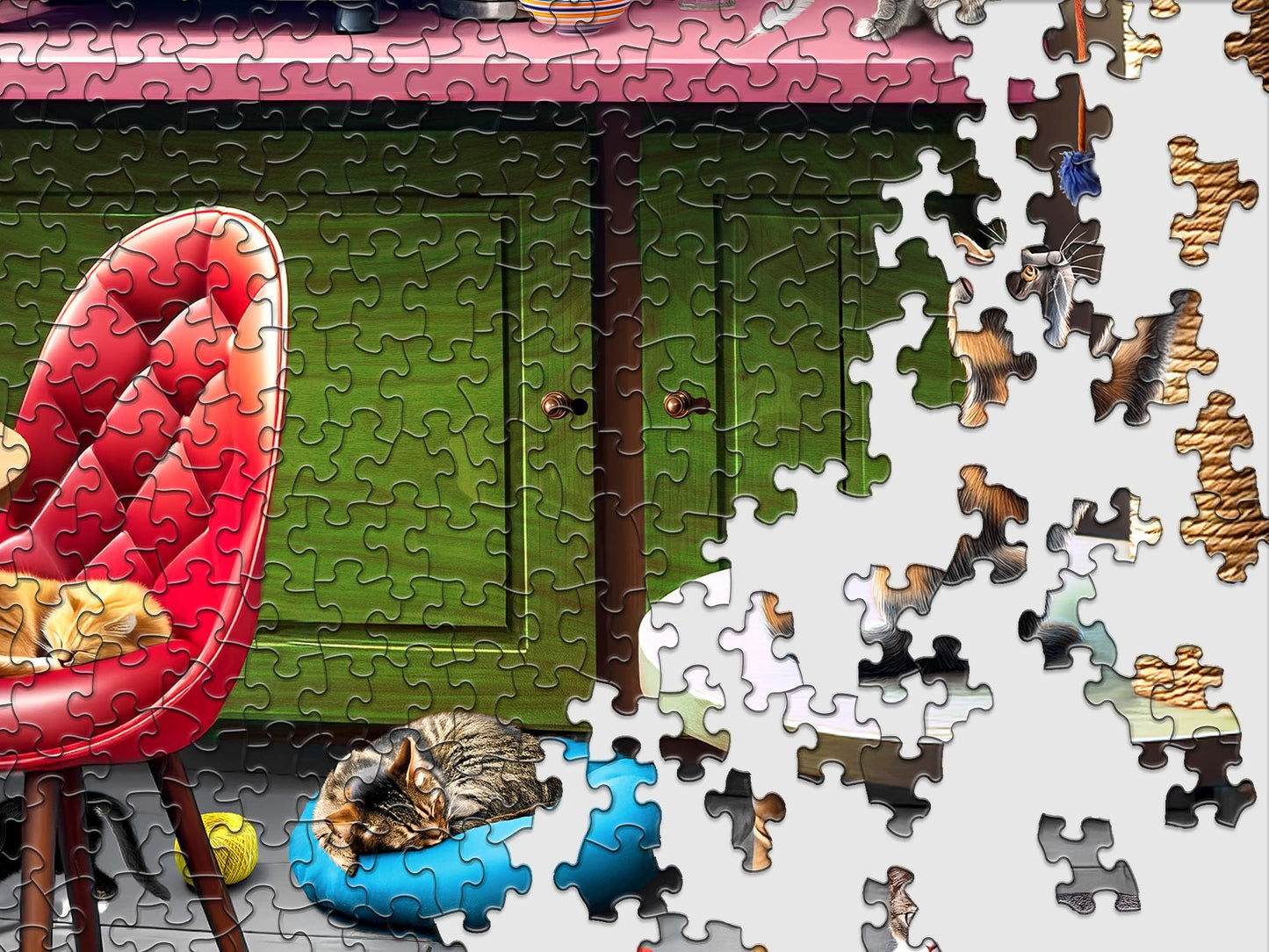 Springbok 500 Piece Jigsaw Puzzle - Kittens in Coffee Shop - Unique Cut - 18x23.5 inches - Cardboard - Cat Café - Model 33-01770