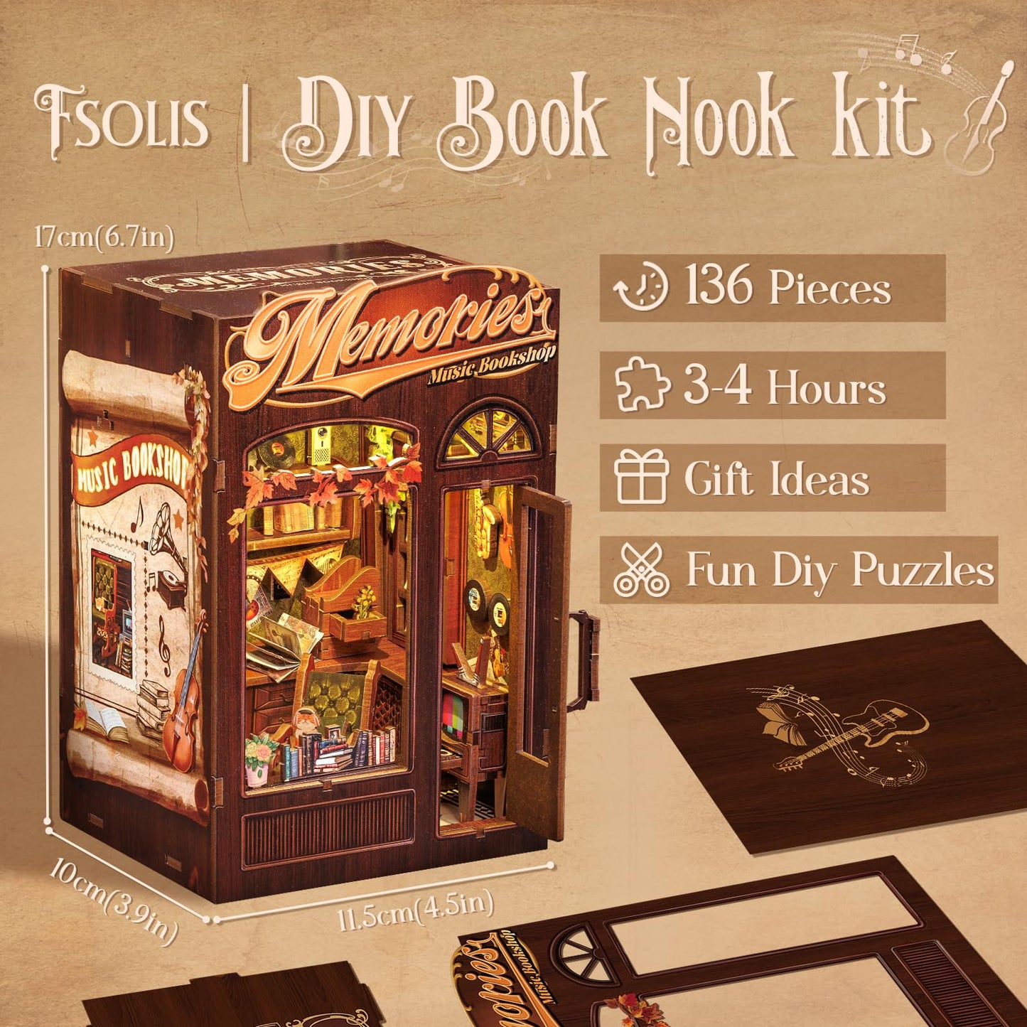 Fsolis Book Nook Kit  DIY Miniature Room House Kit for mature-themed Activity Bookshelf Decor Puzzle Booknook Gifts for Women Teenagers Craft Lovers(Memories Music Bookshop)