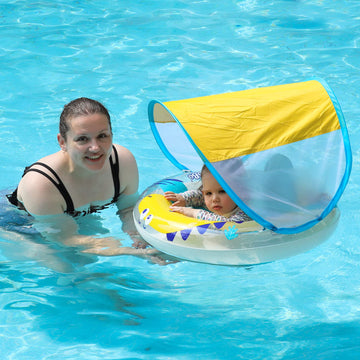 Swimbobo Inflatable Baby Swim Pool Float With Safe Seat And Removable Canopy For Age 6-36 Months Toddler (Yellow Dinosaur)