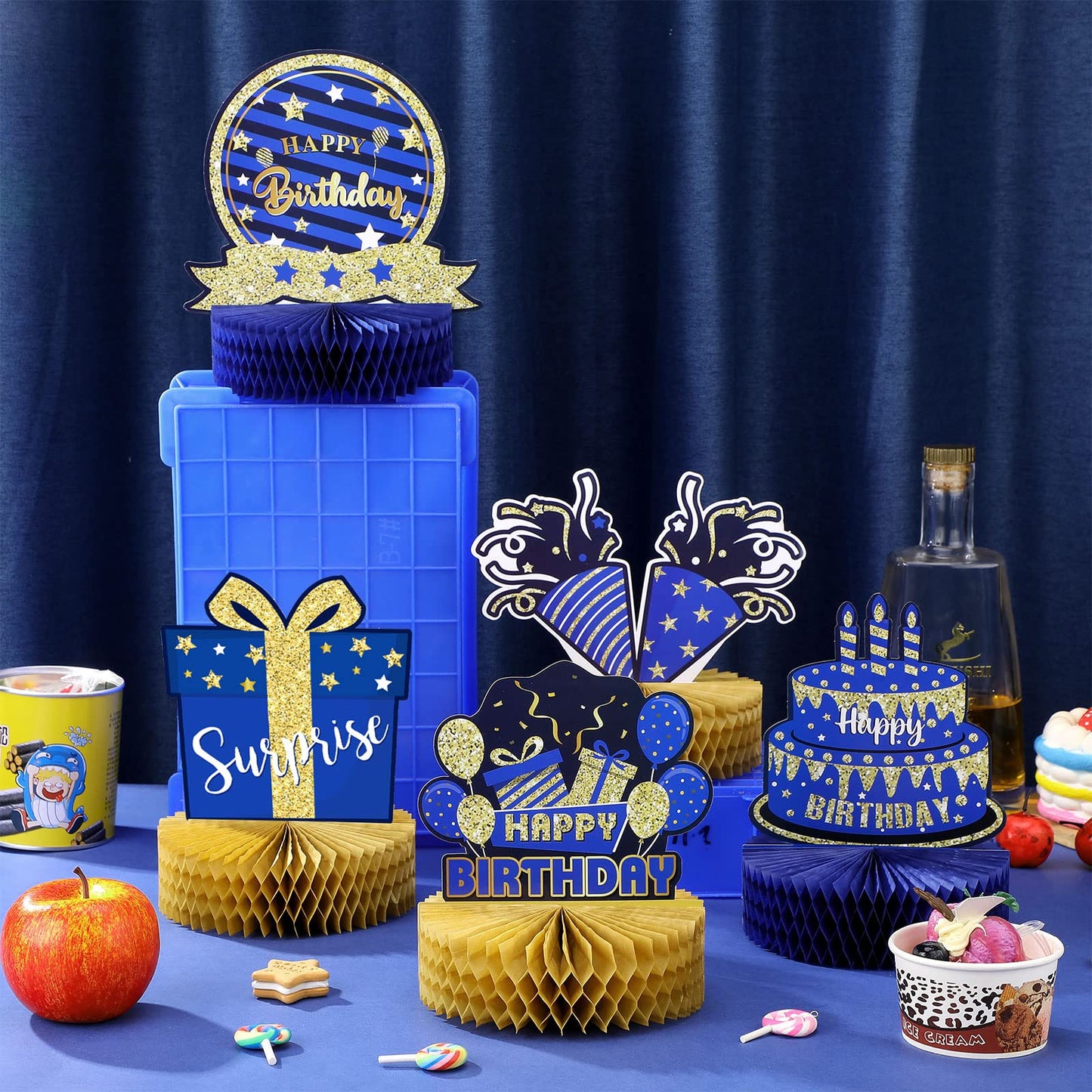 9 Pieces Blue Gold Birthday Table Decorations Happy Birthday Honeycomb Centerpieces Glitter Table Toppers, Blue and Gold Party D