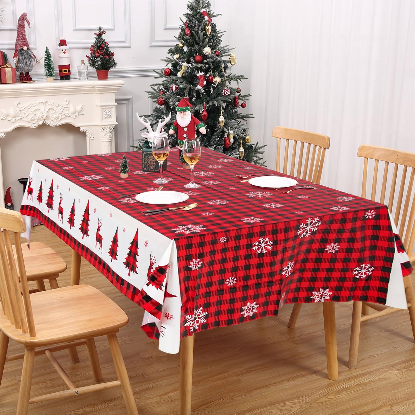 3PCS Christmas Tablecloth, Red and Black Buffalo Plaid Rectangular Plastic Christmas Tablecloth, Winter Snowflake and Reindeer D