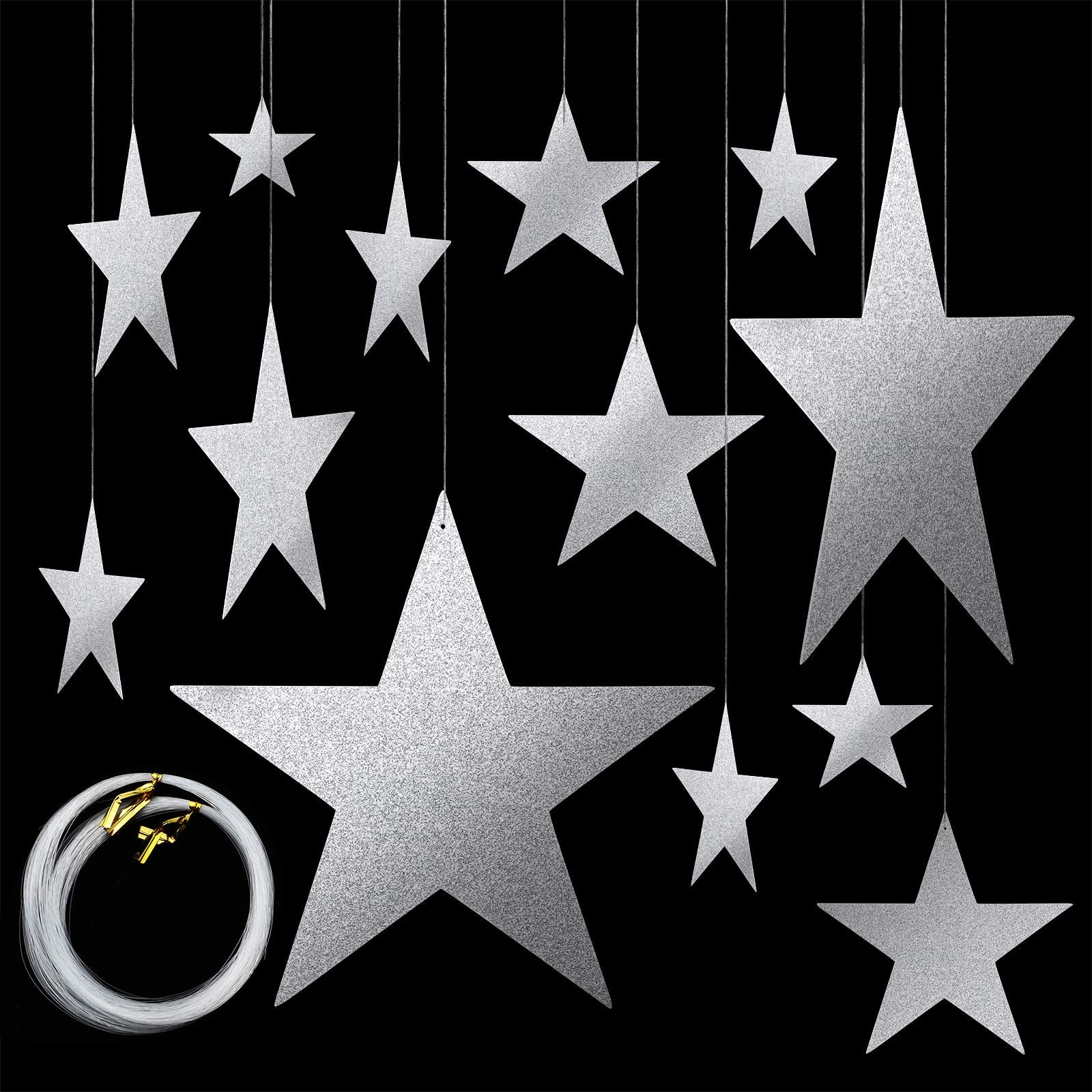 Boao 24 Pieces Silver Cardboard Stars Silver Glitter Stars Cutouts 4 Sizes 6cm/12cm/20cm/30cm Hanging Glitter Star Garlands with