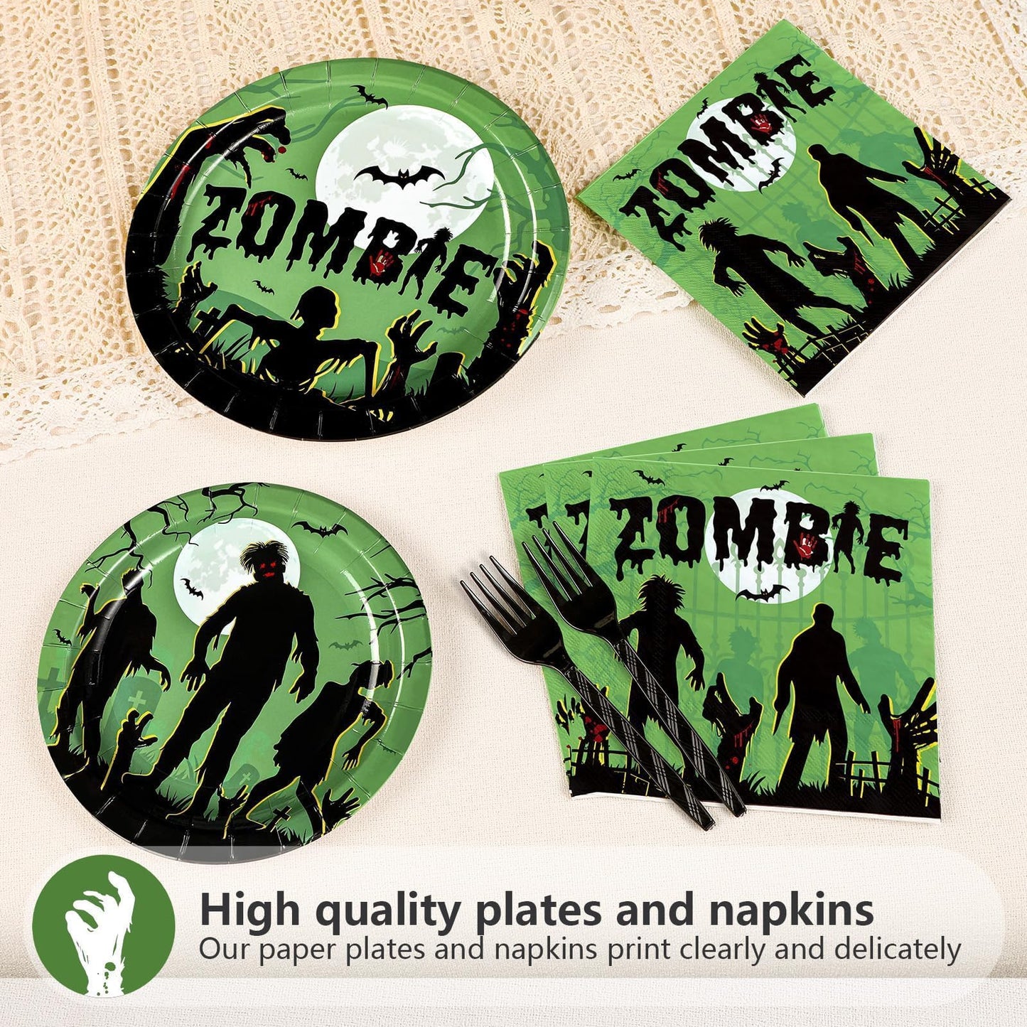 Grencian 96Pcs Halloween Zombie Party Supplies Green Spooky Zombie Plates and Napkins Horror Themed Tableware Sets for Halloween