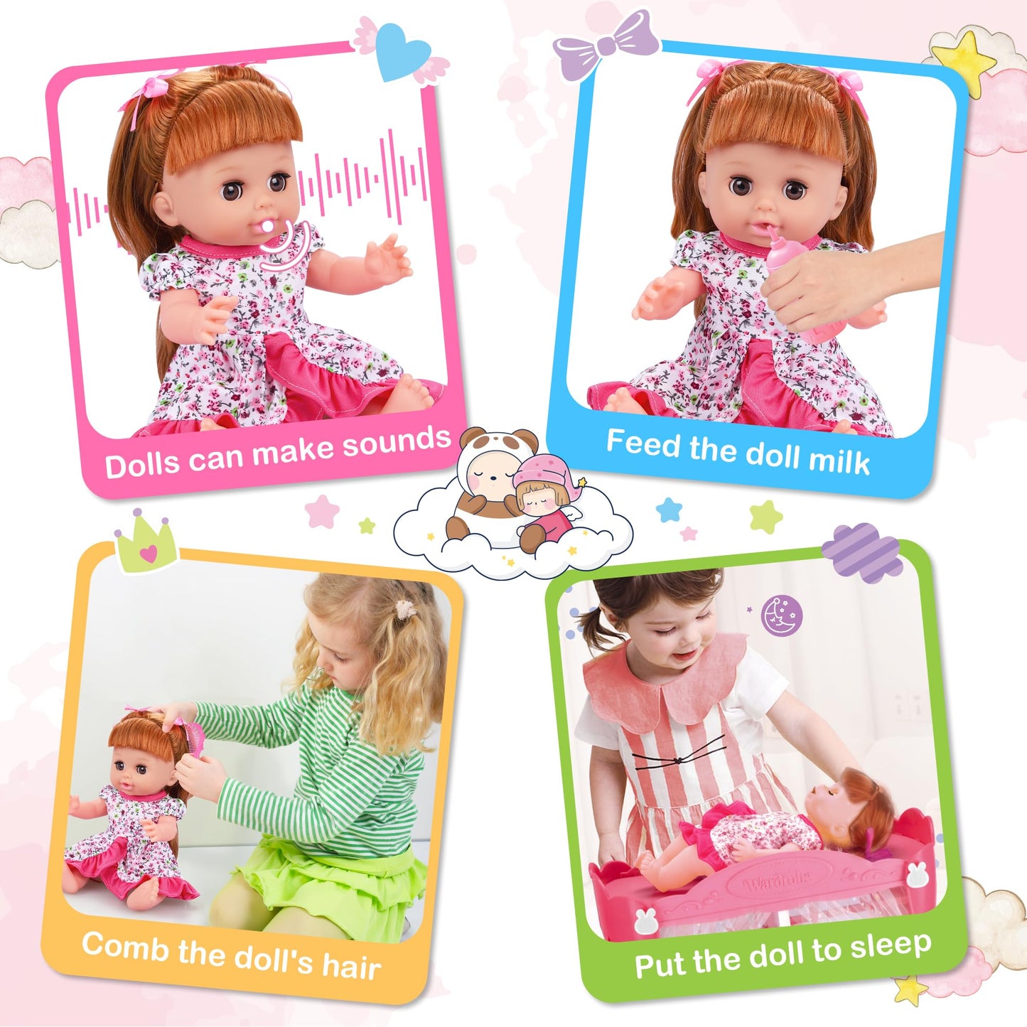 14' Baby Doll Toy Playset With Wardrobe Bed, 37Pcs Beauty Hair & Baby Doll Care Toy Set, Toddler Toy Pretend Play Doll Incl Hair Salon Kit, Doll Clothes, Baby Gift For 3 4 5 6+ Year Old Girl Toy