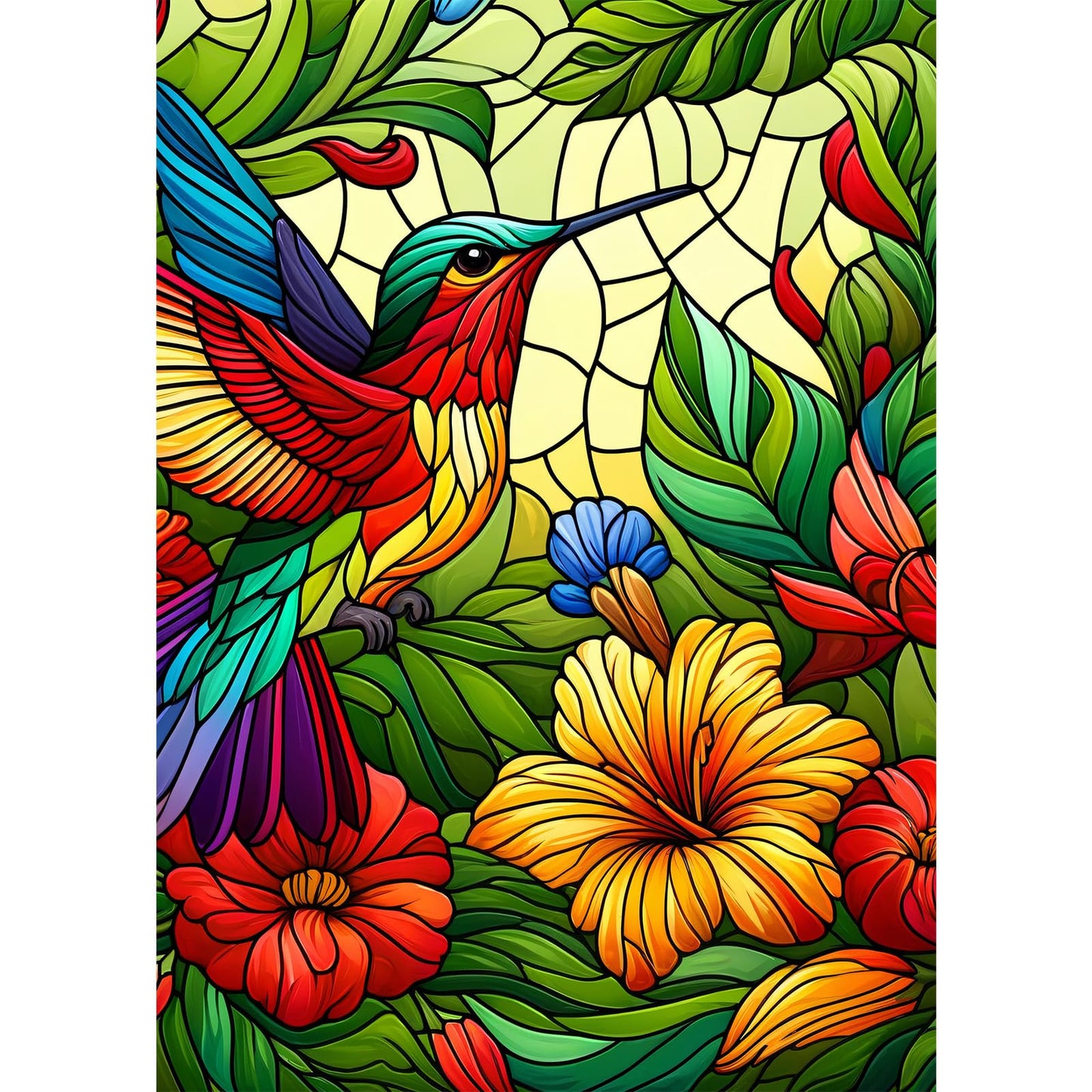 Coastal Rose Stained Glass 1000 Piece Puzzle - Hard Flower Jigsaw, 19.68 x 27.56 in, Cardboard, Hummingbird in Grass