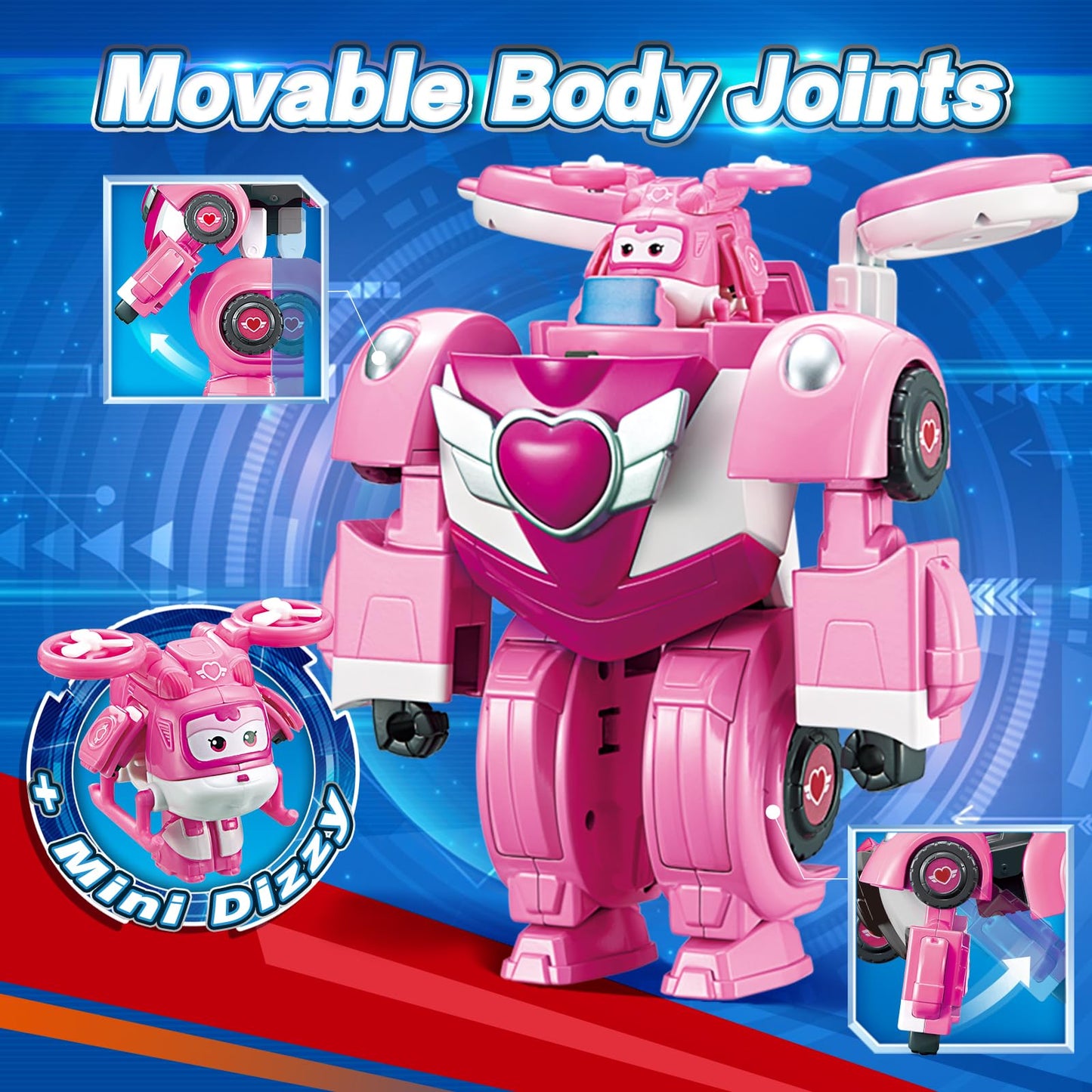 Super Wings Transformer Toys - 7" Robot & 2" Mini Dizzy, 2-in-1 Racing Car-Action Figure, Pink, Model EU770354 for Ages 3+