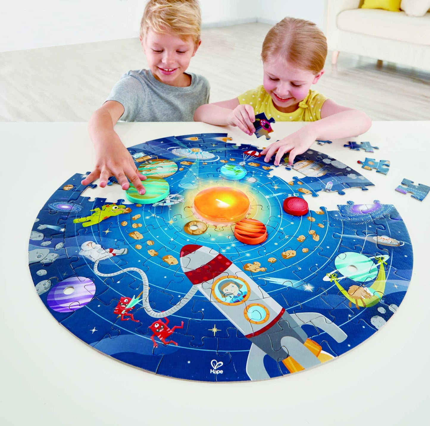 Hape Solar System Puzzle | Round Solar System Puzzle Toy For Kids, Exploratory Skills, Solid Wood Pieces And A Glowing Led Sun L