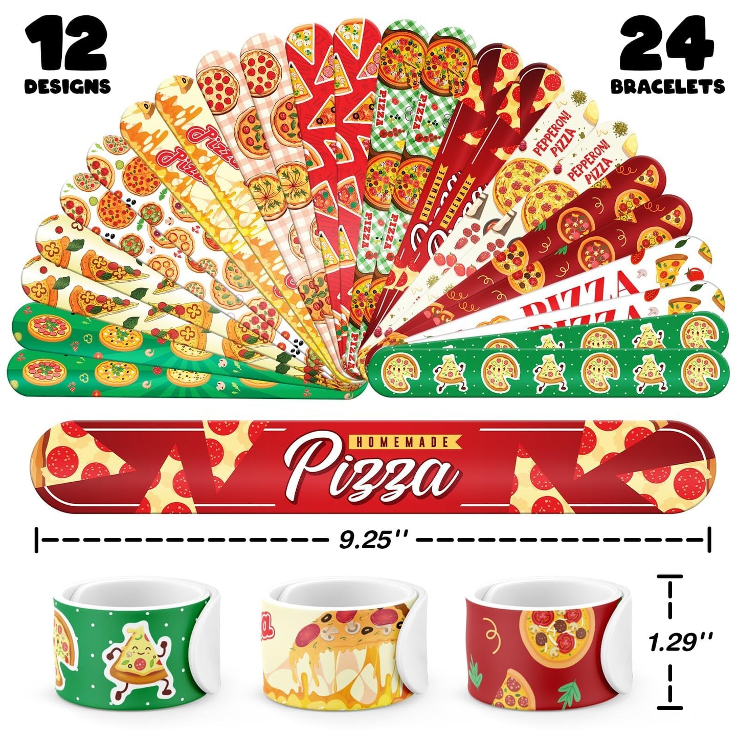 BOIKOKY 60 PCS Pizza Party Favors Set - 36 Temporary Tattoos & 24 Slap Bracelets, Multicolor, Ideal for Kids' Birthday Parties & Rewards