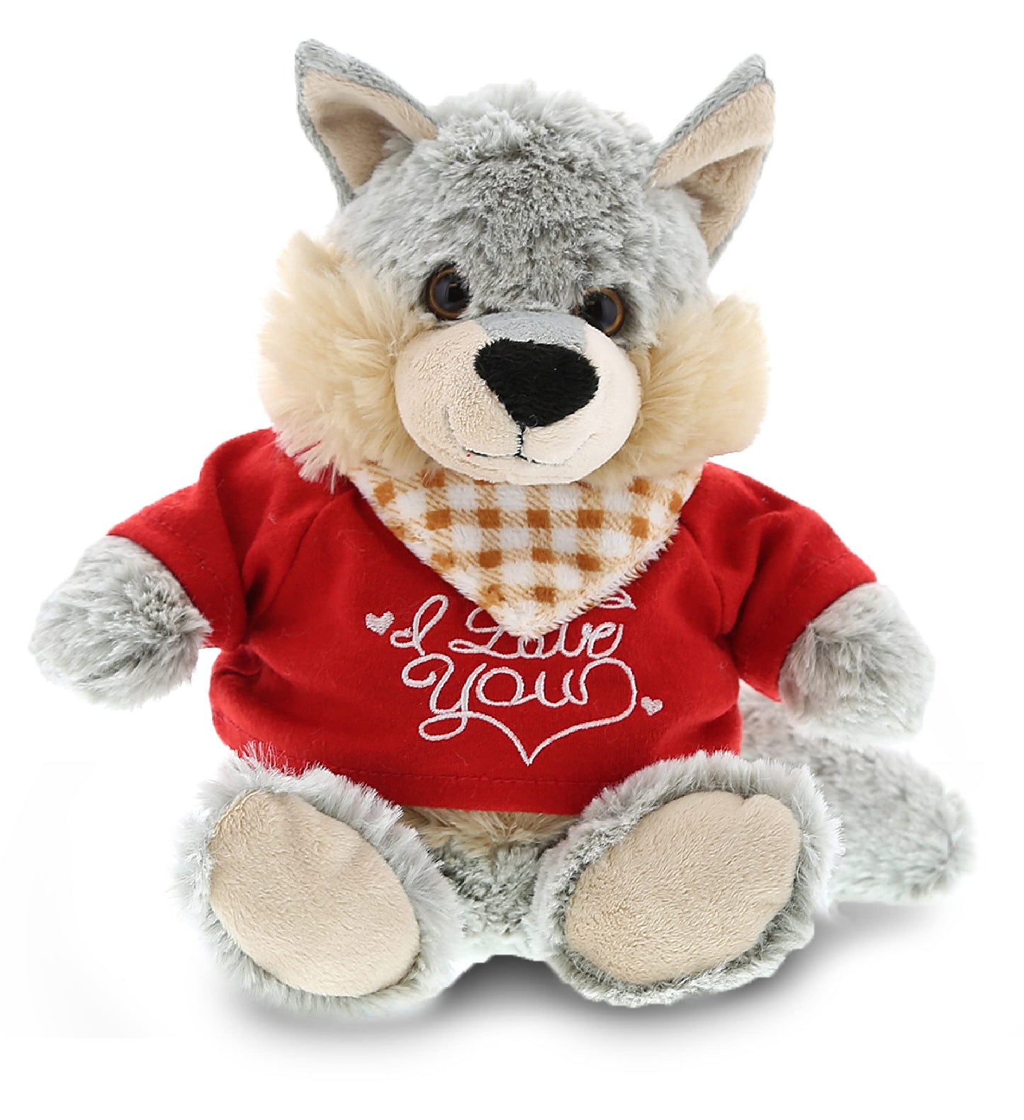 DolliBu I Love You Valentine Plush Sitting Wolf - Cuddly Soft Cute Stuffed Animal with Red Heart Shirt Gift for Valentines Day  Birthday Present  Anniversary  Romantic Date - 9 Inches