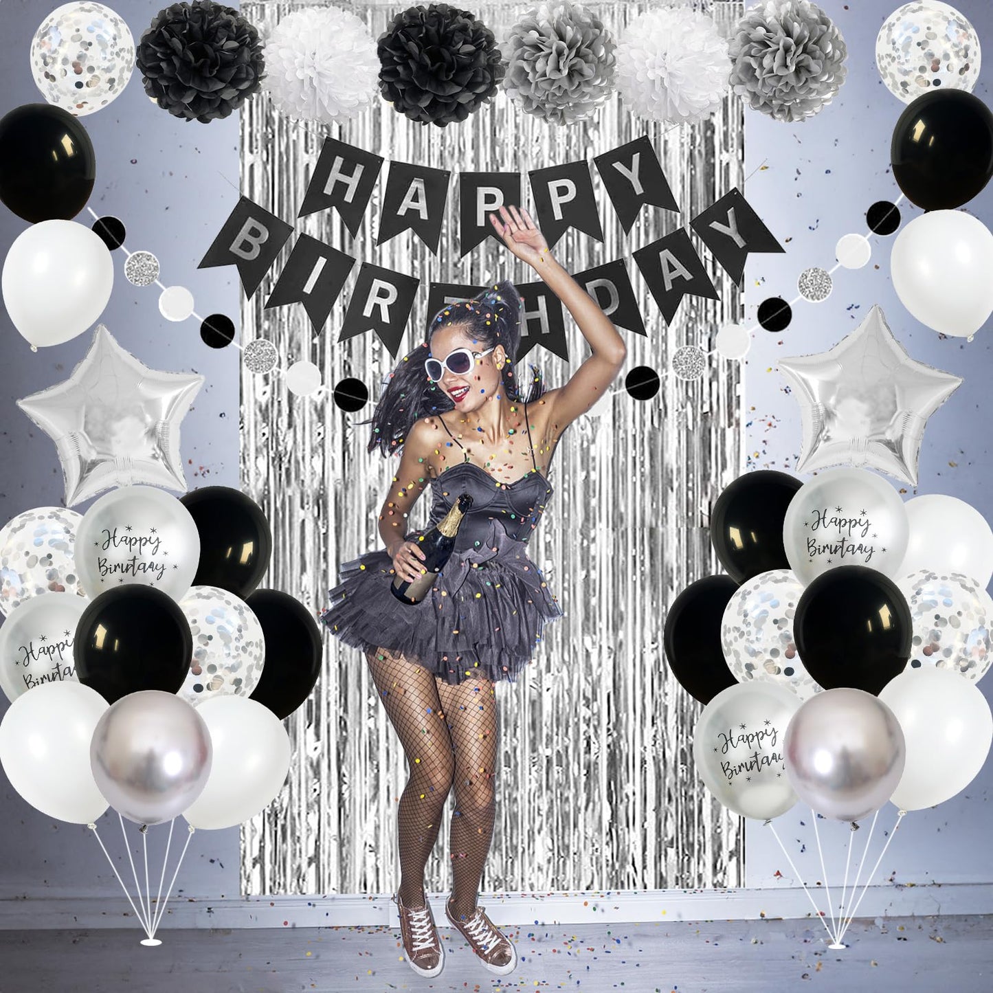Black And Silver Birthday Party Decorations, Black White Silver Balloons Birthday Decoration Black Happy Bithday Banner Star Foi