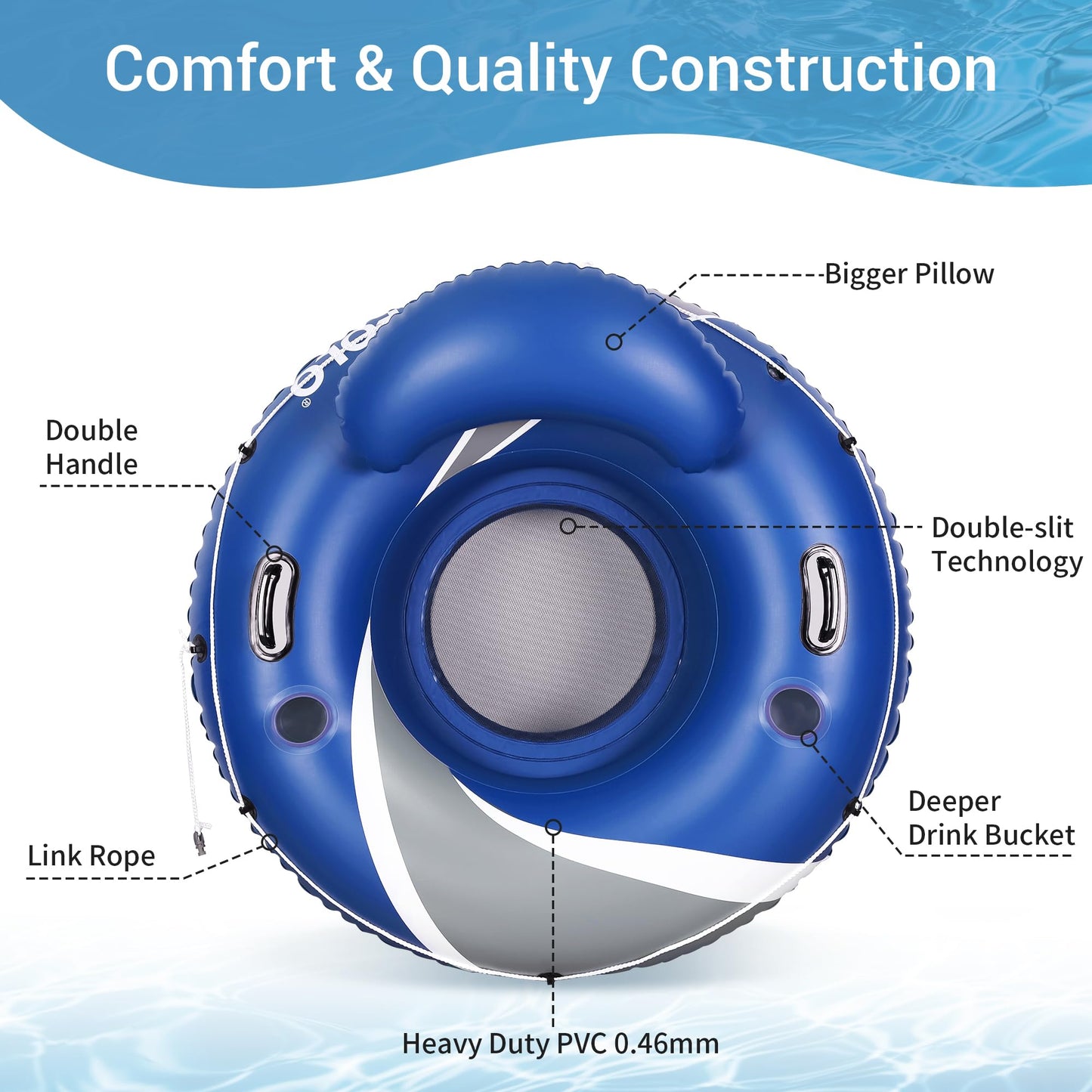 Pafolo Heavy Duty River Tubes - 53" Inflatable Pool Float, Blue and Grey, Large, Mesh Bottom for Beach Lake Rafting
