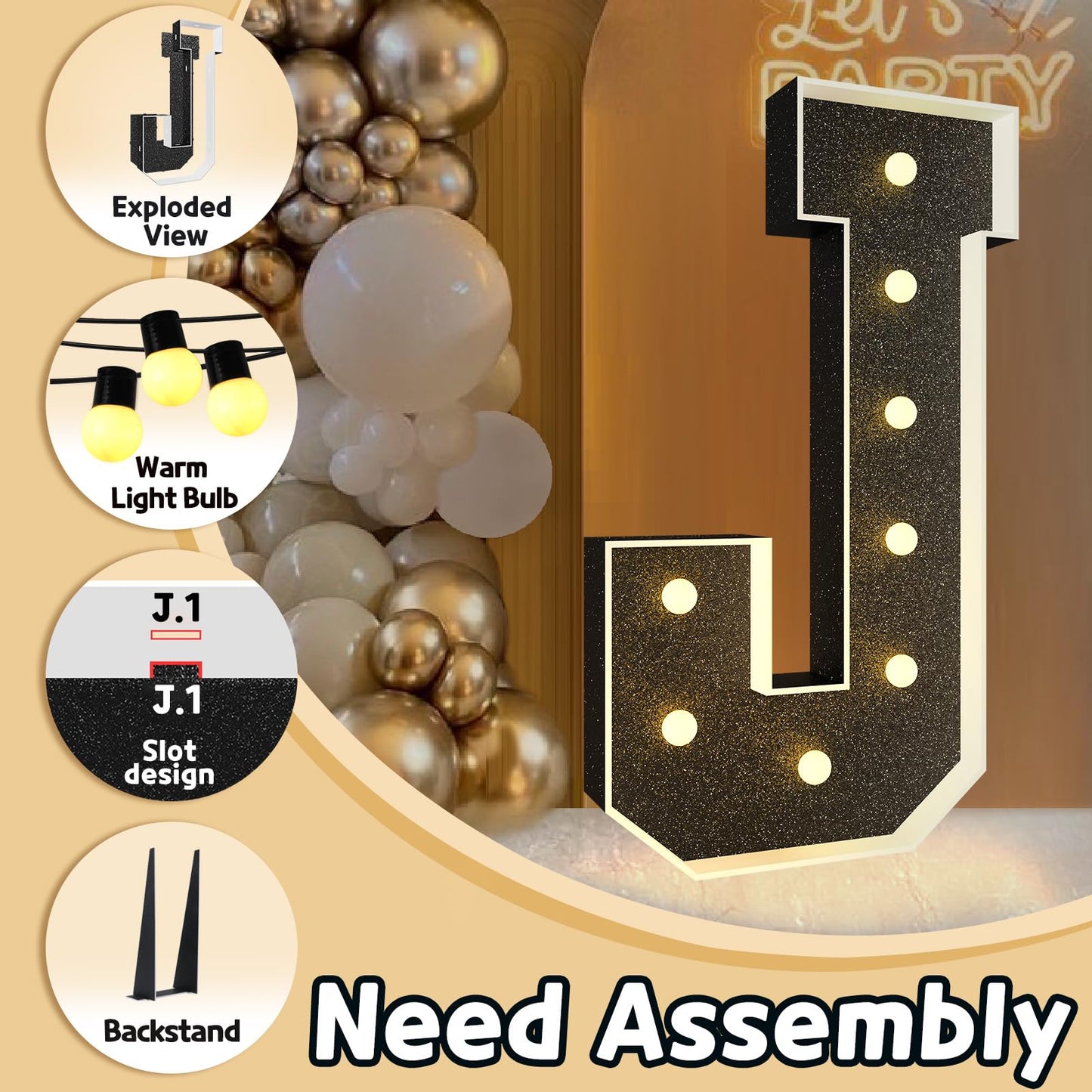 Imprsv Marquee Letters Black 3Ft: Black Party Decor - Light Up Letter J Large 3 Feet Tall - Party Decorations Letter For Birthda