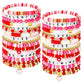 Sasylvia 32 Pcs Valentine's Day Bracelets Pink Heishi Polymer Clay Beaded Bracelets Preppy Beach Stretch Bracelet Elastic String
