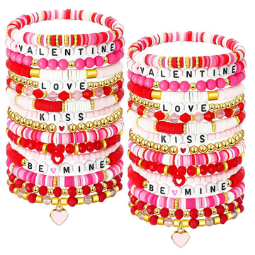 Sasylvia 32 Pcs Valentine's Day Bracelets Pink Heishi Polymer Clay Beaded Bracelets Preppy Beach Stretch Bracelet Elastic String