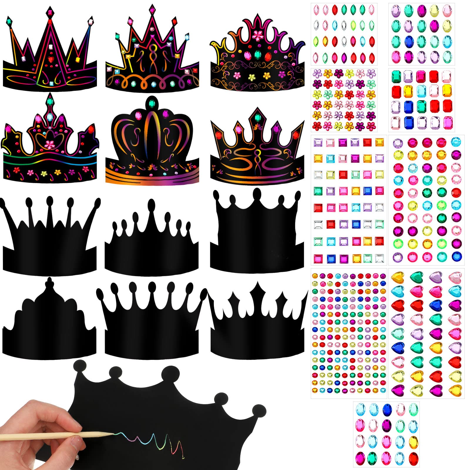 Yinder 130 Pcs Halloween Kids Party Favors DIY Crafts Crowns Set 48 Pcs Scratch Paper Crowns Headband Hats 24 Pcs Wooden Styluse