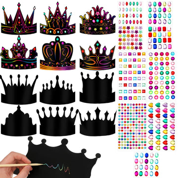 Yinder 130 Pcs Halloween Kids Party Favors DIY Crafts Crowns Set 48 Pcs Scratch Paper Crowns Headband Hats 24 Pcs Wooden Styluse