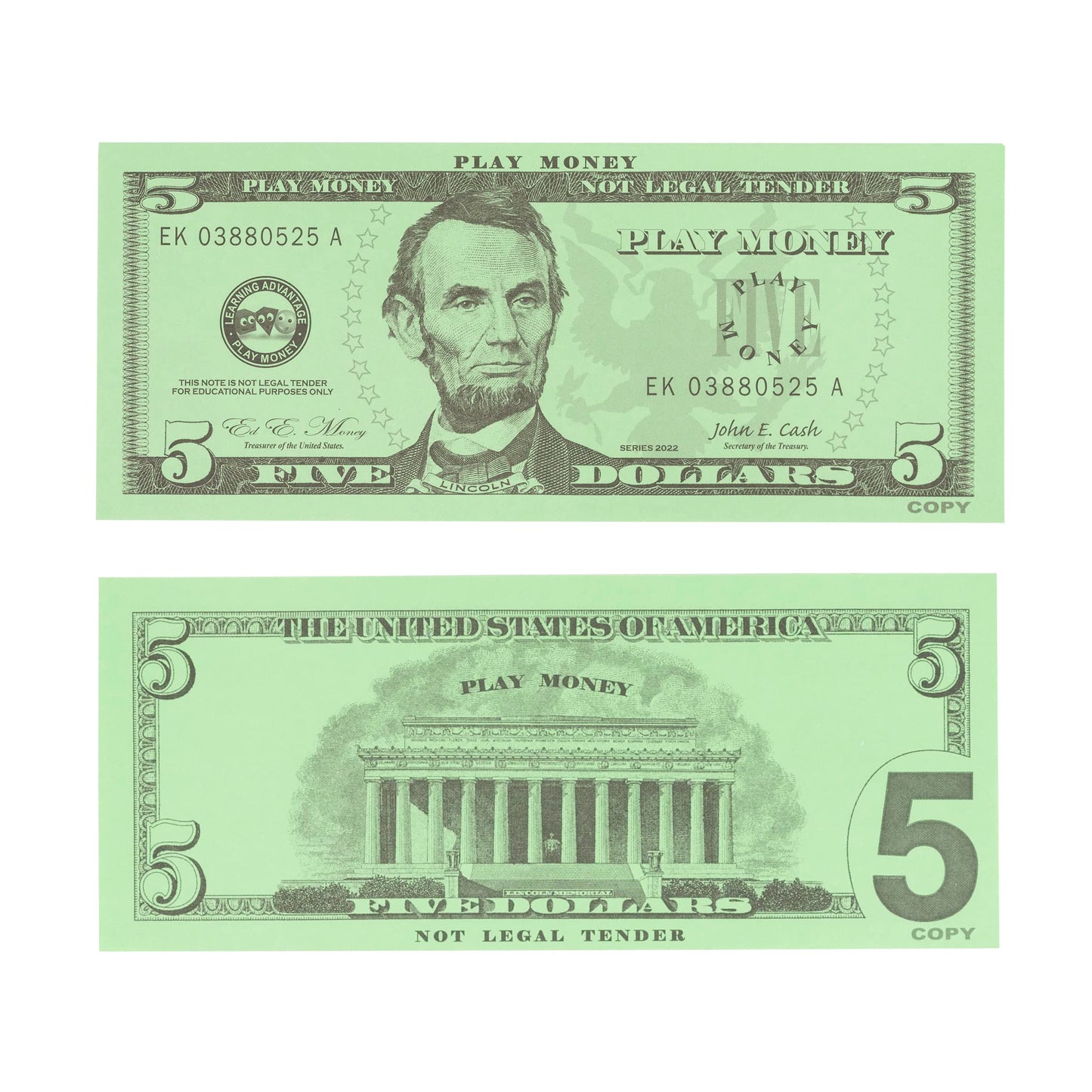 LEARNING ADVANTAGE Five Dollar Play Bills - Set of 100 $5 Paper Money for Teaching Currency & Math - Small, Multi, Model 7519