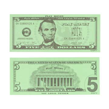 LEARNING ADVANTAGE Five Dollar Play Bills - Set of 100 $5 Paper Money for Teaching Currency & Math - Small, Multi, Model 7519