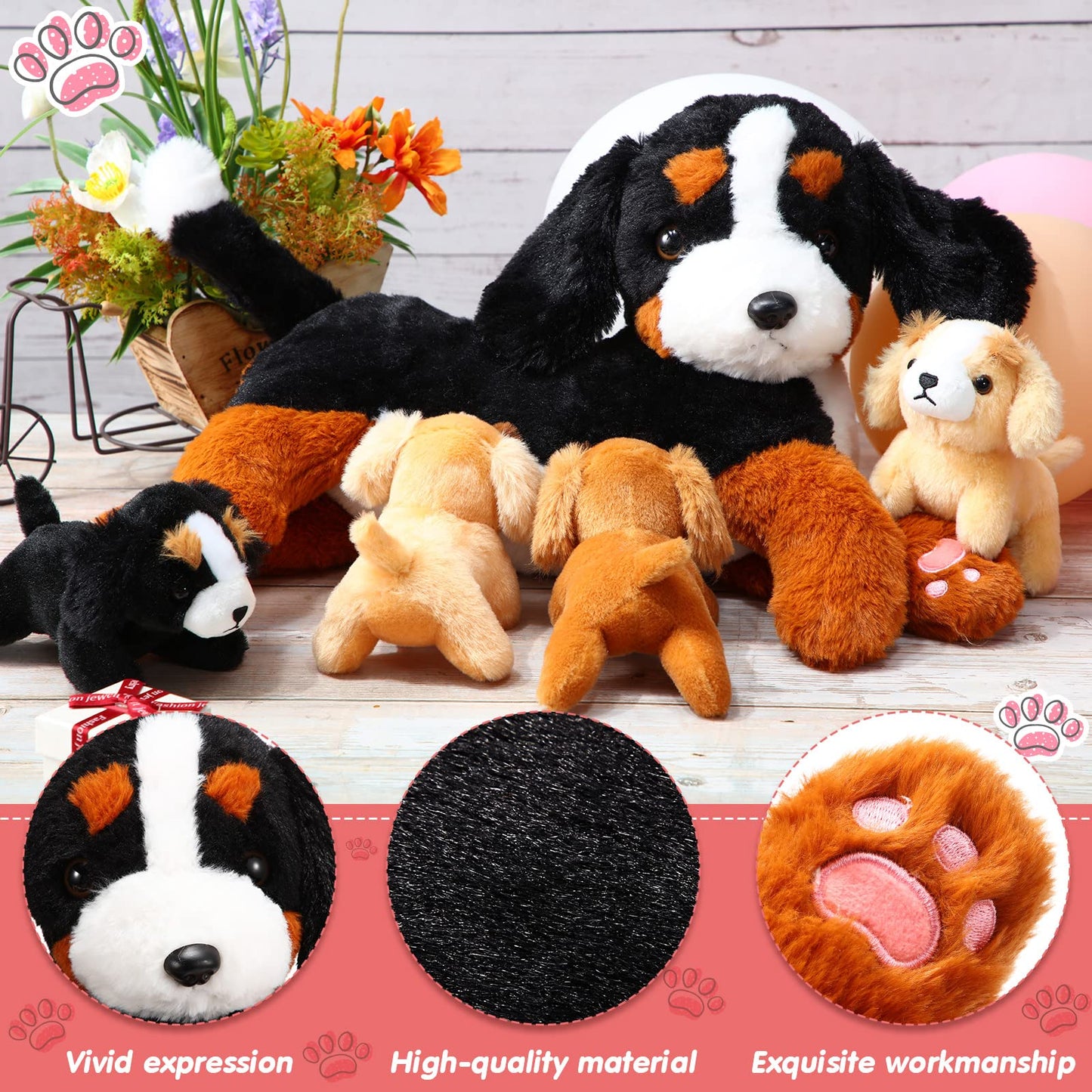 Hydren Nurturing Bernese Mountain Dog Plush Toy Set 15 Inch Nursing Mommy Dog Stuffed Animal With 4 Stuffed Magnetic Baby Puppie