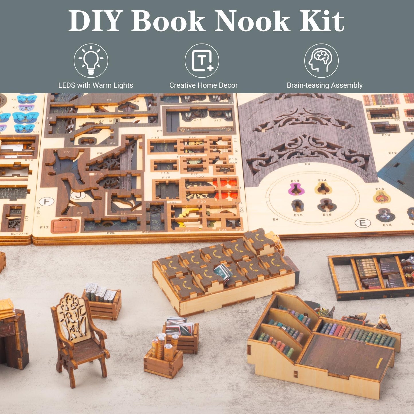 Diy Miniature Book Nook Kit Booknook - 3D Model Wooden Dollhouse Puzzle Toy With Led Light For Adults Teen, Creativity Puzzle Bo