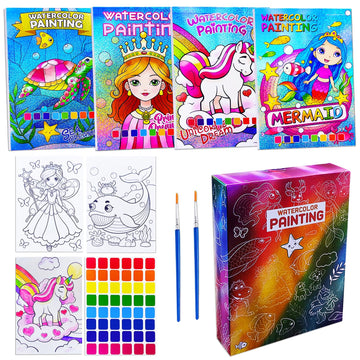 Junqiu 4Pack Water Color Paint Sets For Kids, Watercolor Painting Coloring Books For Toddlers, Paint With Water Books For Kids Ages 4-8, Art Craft Kits For Girls Boys Drawing With Brush