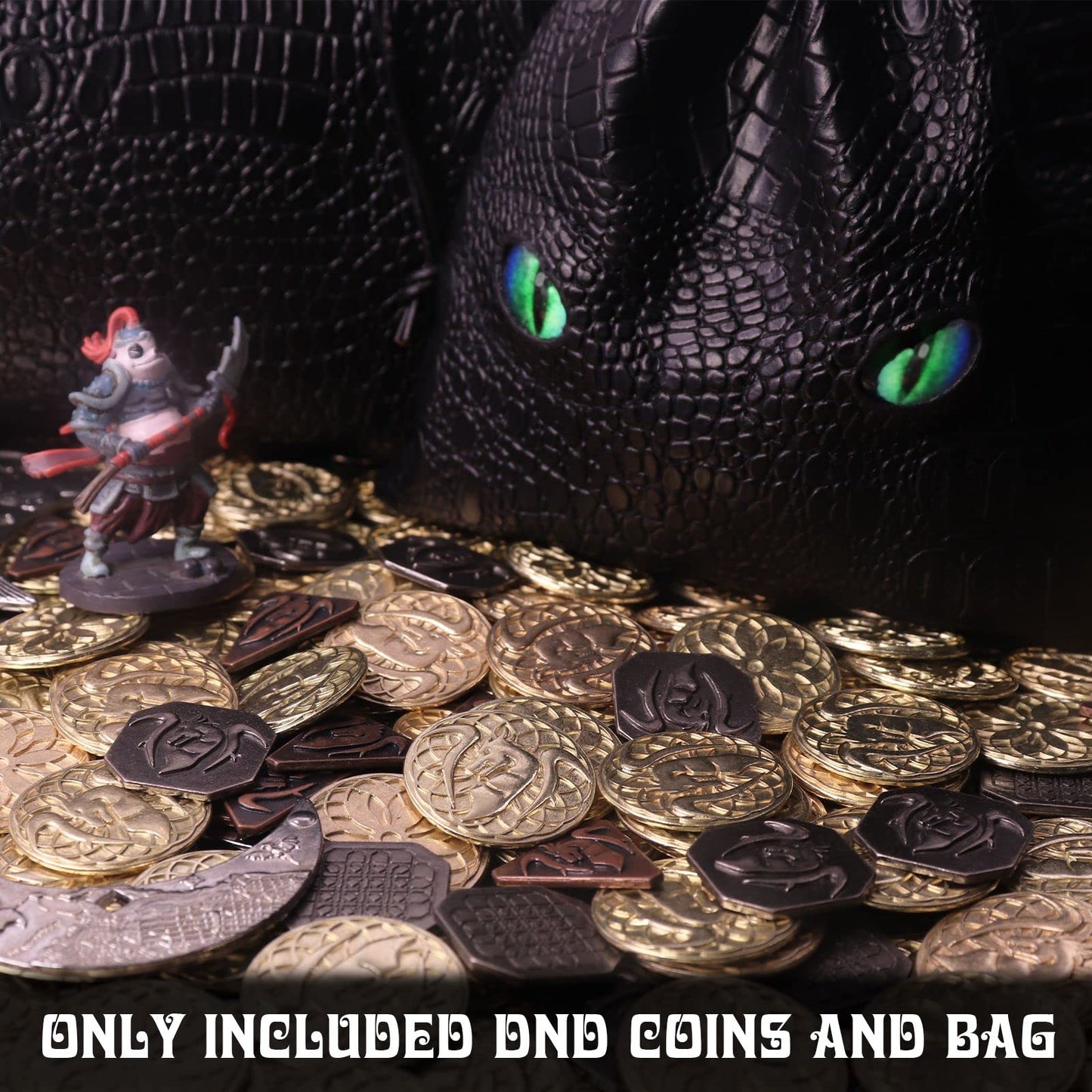 Byhoo 145PCS Metal DND Coins Set, 60 Gold, 40 Silver, 40 Copper, 5 Platinum, Medium Leather Bag, Glow in The Night Eyes