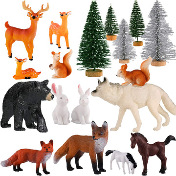 Skylety 18 Piece Wild Forest Animals Figures Toys Set Assorted Creatures Forest Diorama Realistic Plastic Woodland Animals Figurines Model Trees for Birthday Party Favors for Boys and Girls