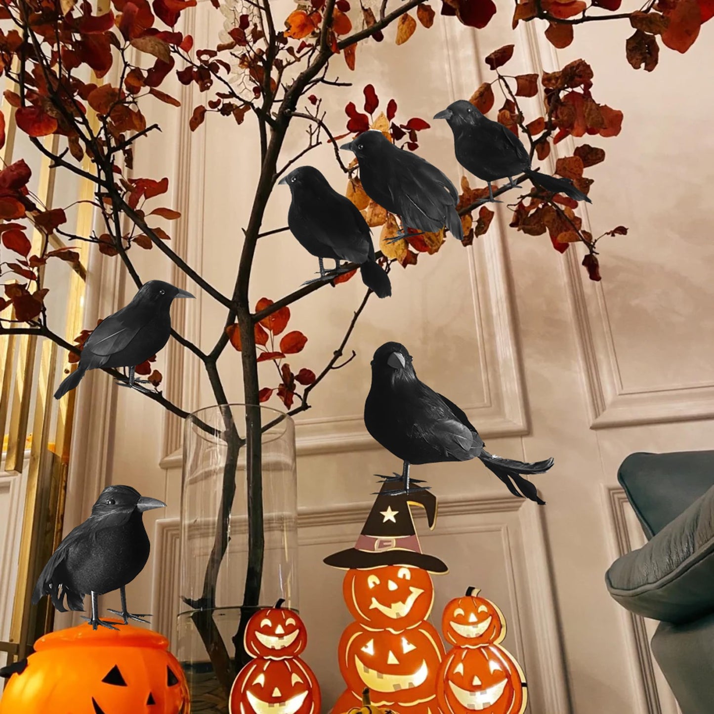 Yumhum 12 Packs Real Feathered Halloween Black Crows, Handmade Realistic Crow With Real Feathers Raven Birds For Yard Tree Garde