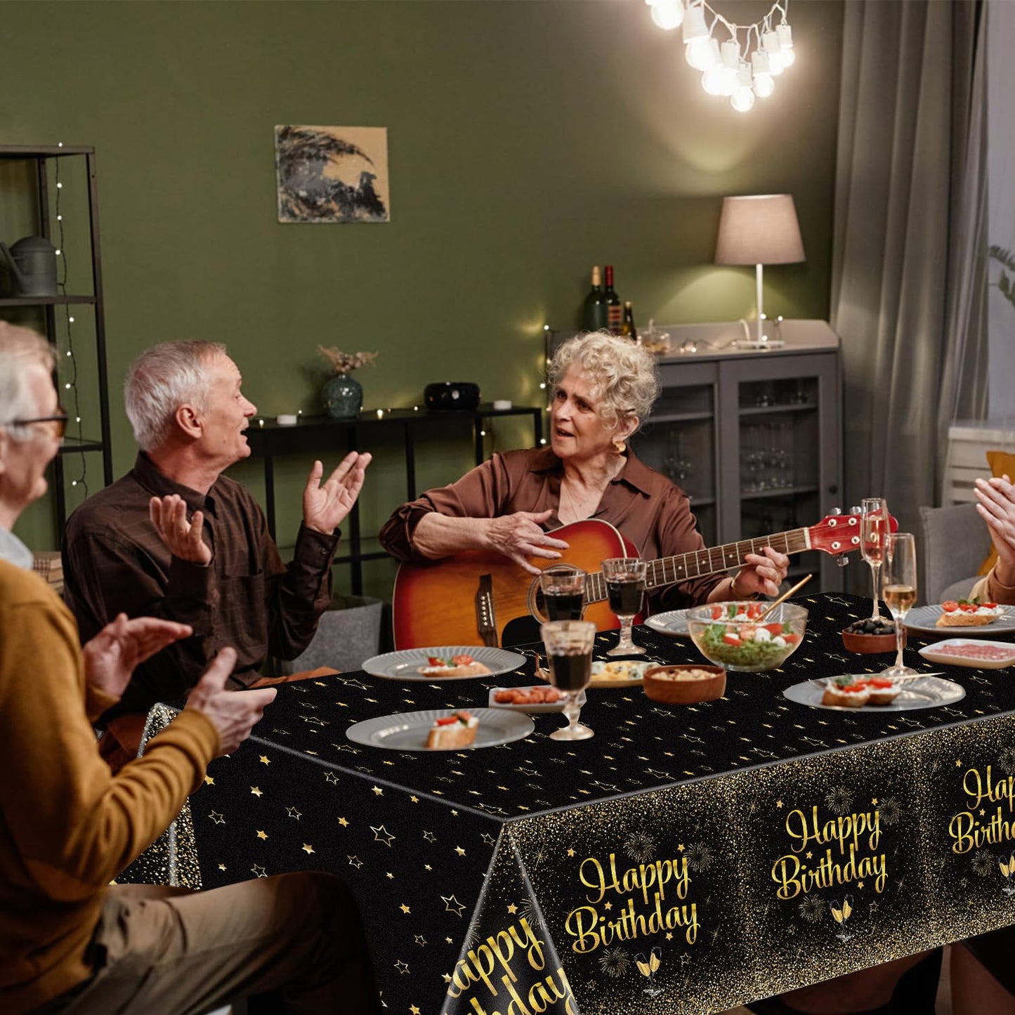 QUERICKY 2 Pack Black Gold Happy Birthday Tablecloths, 51x87 Plastic Disposable Rectangle Black Gold Table Cover for Men Women